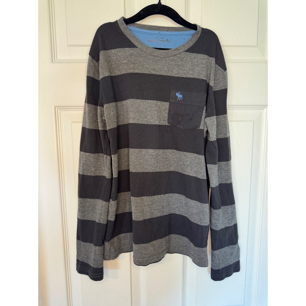 Abercrombie Kids Boys Gray Striped Long Sleeve Pocket T-Shirt Size 11/12